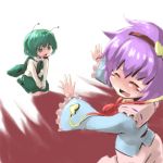  antenna asa_fuyu blush cape closed_eyes green_eyes green_hair hairband hats260 heart komeiji_satori lowres purple_hair seiza short_hair sitting smile tears touhou wriggle_nightbug 