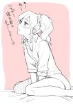  1girl aikatsu! blush kiriya_aoi monochrome pink_background side_ponytail simple_background sitting solo translated wariza yoban 