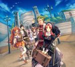  alan_richard bow bow_(weapon) character_request crossbow eiyuu_densetsu estelle_bright falcom fingerless_gloves gloves green_eyes green_hair highres joshua_astray kevin_graham legend_of_heroes long_hair luggage multiple_girls nun official_art orange_dress polearm red_hair redhead renne ries_argent short_hair sora_no_kiseki staff suitcase sword thigh-highs thighhighs twintails weapon 
