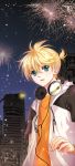  aerial_fireworks aqua_eyes blonde_hair casual fire_flower_(vocaloid) fireworks headphones kagamine_len m-ca male short_hair solo vocaloid 