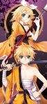  blonde_hair flower gekokujou_(vocaloid) hair_ornament hair_ribbon hairclip japanese_clothes kagamine_len kagamine_rin katana m-ca polearm ribbon sarashi short_hair siblings smile spear sword twins vocaloid weapon 