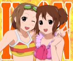  bikini_top brown_eyes brown_hair goggles hirasawa_ui hirasawa_yui k-on! multiple_girls namine0079 ribbon short_hair smile striped tainaka_ritsu tomboy wink 