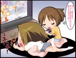  akaho_sakura bad_id barefoot beniho_sakura brown_hair chibi chun-li closed_eyes girls_playing_games hirasawa_ui joystick k-on! kneeling multiple_girls on_stomach open_mouth pantyhose pillow playing_games ponytail short_hair socks street_fighter tainaka_ritsu television tomboy translated translation_request video_game video_games zangief 