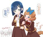  5girls =_= afterimage animal_ears arm_grab bangs blood blue_bow blue_eyes blue_hair blue_ribbon blunt_bangs blunt_ends blush blush_stickers bob_cut bow bowtie braid brooch brown_hair brown_jacket brown_skirt commentary delicious_party_precure dog_ears dog_girl dog_tail dress_shirt endou_iroha fuwa_kokone green_eyes hair_bow hair_ornament hair_scrunchie hairband hairclip half-closed_eyes hand_on_own_chest heart jacket jewelry kohsaka_jun long_sleeves looking_at_another low_twintails motion_lines multiple_girls nagase_ena neck_ribbon nosebleed open_mouth pam-pam_(precure) pam-pam_(precure)_(human) precure red_bow red_bowtie ribbon school_uniform scrunchie shinsen_middle_school_uniform shirt simple_background skirt smile tail tail_wagging takada_risa translated twintails white_background white_shirt wing_collar 