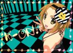  brown_hair checkerboard checkered don&#039;t_say_lazy don't_say_&quot;lazy&quot; flower gucchie hair_flower hair_ornament halter_top halterneck k-on! smile solo tainaka_ritsu tomboy v 