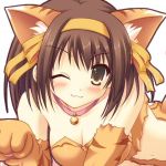  brown_eyes brown_hair cat_ears cleavage collar hair_ribbon short_hair suzumiya_haruhi suzumiya_haruhi_no_yuuutsu winking 