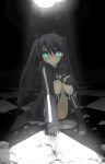 bad_id black_hair black_rock_shooter black_rock_shooter_(character) checkered flower light meimone pointing sitting twintails 