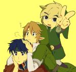  3boys blonde_hair blue_eyes blue_hair chin_on_head chin_rest earrings fire_emblem fire_emblem:_souen_no_kiseki fire_emblem_path_of_radiance hat head_rest headband hug hug_from_behind ike jewelry link male multiple_boys pointy_ears simple_background smile super_smash_bros. the_legend_of_zelda toon_link uichi v yellow_background 