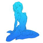  ayanami_rei blue breasts kneeling monochrome neon_genesis_evangelion short_hair under_boob underboob 