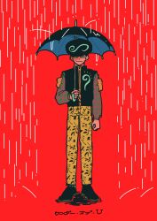  1boy afro arm_at_side black_hair black_shoes black_umbrella black_vest clenched_hand floral_print full_body green_shirt highres holding holding_umbrella jojo_no_kimyou_na_bouken jojolion long_sleeves looking_at_viewer male_focus pants plaid_clothes plaid_shirt print_shirt rain red_background shirt shoes short_hair signature simple_background smile solo standing stuffed_animal stuffed_toy teddy_bear teddy_bear_ornament toru_(jojolion) translation_request umbrella vest wao yellow_pants 