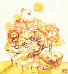  bacon bag baking bird bottle bread chicken clouds commentary_request cooking copyright_notice dough egg egg_(food) egg_sandwich eggshell fence food fried_egg frying_pan hammock highres in_food korean_commentary lettuce no_humans on_hammock original oven oversized_food oversized_object rolling_pin sign smoke sun talbi tree treehouse watermark 