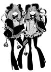 2girls attraction-m_(lolo) boots closed_eyes female full_body heart high_heel_boots high_heels magical_girl magical_girl_apocalypse mahou_shoujo_of_the_end monochrome multiple_girls repulsion-m_(coco) siblings simple_background skirt thigh_boots twins very_long_sleeves white_background 