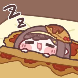  1girl blush_stickers brown_hair check_food chibi chibi_only drooling food food-themed_hair_ornament food_request hair_ornament hairband monyami mouth_drool omelet omurice rohne_(trickcal) sleeping solo trickcal under_covers yellow_hairband zzz 