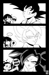  birou_33 black_eyes black_hair blonde_hair blush chi-chi_(dragon_ball) commentary_request couple dragon_ball dragon_ball_gt dragon_ball_z greyscale highres husband_and_wife long_hair looking_at_viewer monochrome multiple_persona muscular muscular_male open_mouth pectorals saiyan shirt simple_background smile son_goku spiky_hair super_saiyan super_saiyan_1 super_saiyan_4 