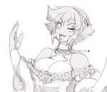  1girl blade_under_mask breasts choker cleavage female headdress insect_girl large_breasts lipstick makeup monochrome sayaka_(blade_under_mask) short_hair solo white_background whitemantis wink 