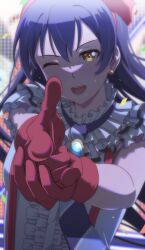  1girl absurdres blue_hair bokura_wa_ima_no_naka_de earrings enola_013 finger_gun frilled_shirt frills gloves highres jewelry long_hair looking_at_viewer love_live! love_live!_school_idol_project official_alternate_costume one_eye_closed open_mouth pointing pointing_at_viewer red_gloves shirt solo sonoda_umi stud_earrings upper_body white_shirt yellow_eyes 