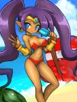  1girl alternate_hairstyle beach bikini blue_eyes bracer breasts choker cleavage dakusuta dark_skin earrings food forehead_jewel fruit highres hoop_earrings jewelry long_hair medium_breasts navel pointy_ears popsicle purple_hair red_bikini shantae shantae_(character) shantae_(series) smile squid_baron stick strapless swimsuit tiara twintails v very_long_hair watermelon wayforward 