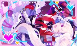  1girl absurdres black_gloves black_hat commentary commentary_request diamond_(shape) diamond_facial_mark emoji facial_mark fang gloves hat hat_ornament heart heart_facial_mark highres honkai:_star_rail honkai_(series) long_hair long_sleeves looking_at_viewer mini_hat mini_top_hat one_eye_closed open_mouth rabbit_hat_ornament red_sailor_collar red_shirt sailor_collar shinketsu_kanyu shirt single_glove skirt sparkle_(honkai:_star_rail) sparxie_(honkai:_star_rail) top_hat twintails white_hair white_skirt wide_sleeves 