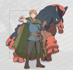  1boy a_knight_of_the_seven_kingdoms a_song_of_ice_and_fire blonde_hair blue_eyes blue_shirt boots brown_boots clenched_hand cloak closed_mouth commentary duncan_the_tall english_commentary full_body furrowed_brow green_cloak grey_background grey_pants holding holding_poke_ball light_frown male_focus mudsdale outstretched_arm pants poke_ball pokemon pokemon_(creature) rebekah_jin rope_belt shirt short_hair twitter_username 