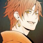  1boy character_request earrings gradient gradient_background komae0611 male_focus orange_hair smile solo tagme yellow_eyes 