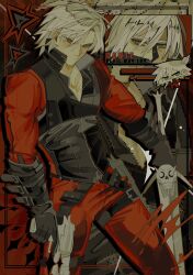  1boy asymmetrical_dual_wielding belt black_belt black_gloves black_vest blue_eyes character_name chibi chibi_inset commentary copyright_name cowboy_shot dante_(devil_may_cry) devil_may_cry_(series) devil_may_cry_2 dual_wielding gloves grey_hair gun hair_between_eyes handgun highres holding holding_gun holding_sword holding_weapon male_focus pants parted_bangs red_pants red_shirt shirt skull_belt solo sword vest weapon zhienzhienx_x 