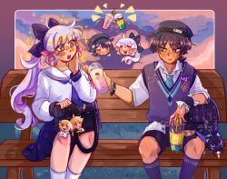  1boy 1girl :> aether_(genshin_impact) aqua_trim backpack bag bead_bracelet beads bench beret black_bag black_bow black_hair black_hat black_shorts black_skirt black_trim blunt_bangs blunt_ends blunt_tresses blush blush_stickers bow bracelet bright_pupils chain character_doll choppy_bangs closed_eyes clouds cloudy_sky collared_shirt contemporary cup dark-skinned_male dark_skin disembodied_head disposable_cup doll drinking_straw eyachim eyelashes eyeliner facing_another flying_sweatdrops genshin_impact grass grey_eyes grey_socks hair_bow hair_ribbon hand_up hat high_ponytail highres hime_cut jewelry kamisato_ayaka kamisato_ayaka_(heytea) long_hair long_sleeves looking_at_food lumine_(genshin_impact) makeup mole mole_under_eye multicolored_hair neckerchief notice_lines official_alternate_costume one_eye_closed open_collar open_hand open_mouth outdoors pink_hair pink_ribbon pleated_skirt ponytail purple_nails purple_neckerchief purple_sweater red_eyeliner red_lips ribbon sailor_collar scaramouche_(cat)_(genshin_impact) scaramouche_(genshin_impact) school_bag school_uniform serafuku shirt short_sleeves shorts sitting skirt sky smile socks streaked_hair sweater teeth toasting_(gesture) tress_ribbon tsurime undershirt upper_teeth_only wanderer_(genshin_impact) wanderer_(mega_mgc_coffee)_(genshin_impact) white_hair white_pupils white_sailor_collar white_serafuku white_shirt white_sleeves white_trim wide-eyed wooden_bench wrist_cuffs wristband 