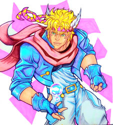  1boy absurdres battle_tendency belt belt_buckle bidziamiro blonde_hair blue_belt blue_gloves blue_jacket bubble buckle caesar_anthonio_zeppeli commentary cropped_jacket english_commentary facial_mark feather_hair_ornament feathers fingerless_gloves gloves green_eyes grey_pants grey_shirt hair_ornament headband highres hydrokinesis jacket jojo_no_kimyou_na_bouken lips male_focus marker_(medium) pants pink_headband pink_scarf scarf shirt solo traditional_media triangle_print two-tone_headband water yellow_headband 