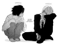  2boys arm_on_knee arm_pillow arm_rest baggy_pants bags_under_eyes barefoot blood blood_on_face blood_on_hands collarbone collared_shirt death_note dirty dirty_clothes dirty_face dress_shoes empty_eyes full_body greyscale hair_between_eyes halo head_tilt indian_style jacket knee_up korean_text l_(death_note) legs_folded legs_together long_sleeves looking_at_another looking_to_the_side male_focus messy_hair monochrome multiple_boys necktie om7mol open_collar pants shirt short_hair sitting spoilers squatting suit suit_jacket swept_bangs traditional_halo translation_request watch watch yagami_light 