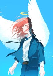  1boy angel angel_devil_(chainsaw_man) angel_wings belt black_jacket black_necktie black_pants black_suit blue_background brown_belt chainsaw_man commentary english_commentary floating_clothes floating_hair floating_neckwear halo highres jacket long_hair male_focus miso_concon necktie open_clothes open_jacket pants shirt shirt_tucked_in simple_background solo suit suit_jacket traditional_halo twitter_username white_shirt white_wings wings 