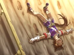  1girl absurdres animal_ears belt biko_pegasus_(gale_pegasus_type_zero)_(umamusume) biko_pegasus_(umamusume) brown_hair closed_eyes commentary_request dirt dirty dirty_clothes fingerless_gloves footprints gloves highres horse_ears horse_girl horse_tail jacket lying mud on_back open_mouth peeta purple_jacket shirt shoes short_hair short_sleeves shorts smile solo tail teeth textless_version umamusume upper_teeth_only white_gloves white_shorts 