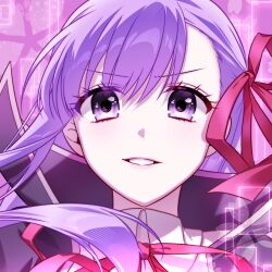  1girl bb_(fate) bb_(fate/extra) black_coat coat commentary evil_smile fate/extra fate/extra_ccc fate_(series) gwanwoo hair_ribbon long_hair neck_ribbon petals pink_background pink_petals portrait purple_hair red_ribbon ribbon shirt smile solo violet_eyes white_shirt 