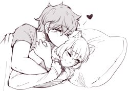  1boy 1girl animal_ear_fluff animal_ears blunt_bangs blush commentary couple english_commentary greyscale hair_between_eyes half-closed_eyes head_on_pillow heart hetero hug hug_from_behind hugging_another's_arm iwatani_naofumi kiss kissing_cheek long_hair long_sleeves looking_at_another luxu lying messy_hair monochrome nose on_side one_eye_closed pillow protected_link raccoon_ears raccoon_girl raphtalia shirt short_hair short_sleeves simple_background sketch smile straight_hair tate_no_yuusha_no_nariagari upper_body 