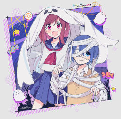  1boy 1girl aged_down ame_to_kusari_(vocaloid) black_hair blue_eyes brown_hair commentary_request ghost_costume halloween long_hair mummy_costume original pink_eyes school_uniform serafuku short_hair skirt vocaloid wannyanpu 