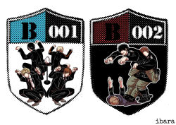  1girl 6+boys animal artist_name asmita back badge bird black_boots black_hair black_jacket black_necktie black_pants black_vest blonde_hair boots brown_hair cape carrying claw_pose clenched_hands clenched_teeth closed_mouth collared_shirt commentary_request dress_shirt ema_yuzuru emblem formal_clothes frown green_hair grey_pants grey_shoes hands_up hiyami_aki hug hug_from_behind inukai_sumiharu jacket kageura_masato kageura_squad's_uniform kitazoe_hiro long_sleeves lying messy_hair multiple_boys necktie ninomiya_masataka ninomiya_squad's_uniform no_eyes on_back outstretched_arms pants pants_tucked_in pencil_skirt pocket red_hair revision shirt shoes short_hair skirt smile spiky_hair squatting standing suit table teeth tsuji_shinnosuke vest white_background white_shirt world_trigger 