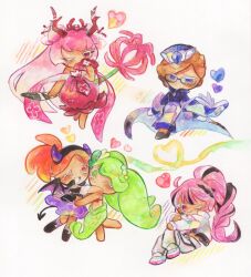  alternate_costume blueberry_pie_cookie blueberry_pie_cookie_(glass_atrium_respite) blush braid braided_ponytail cherry_blossom_cookie cherry_blossom_cookie_(red_equinox) cookie_run cookie_run:_ovenbreak crop_top demon_horns demon_tail demon_wings dress eyelashes hair_ornament heart highres horns jacket lime_cookie lime_cookie_(mermaid) long_hair mermaid_costume multicolored_hair official_alternate_costume one_eye_closed open_clothes open_jacket orange_cookie orange_cookie_(demoness) pink_hair ponytail shining_glitter_cookie shining_glitter_cookie_(superstar_airport_attire) shuragi smile tail wings 