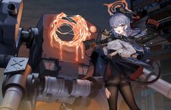  1girl absurdres black_pantyhose black_skirt black_tail black_wings blue_archive blush braid breasts chinese_commentary commentary_request demon_tail demon_wings fake_wings floating_clothes floating_jacket gang_shi_shao_e_fan grey_hair gun h&amp;k_psg1 halo hand_on_own_hip hand_up haruna_(blue_archive) high-waist_skirt highres holding holding_gun holding_weapon jacket jacket_on_shoulders long_hair looking_at_viewer looking_back mecha medium_breasts melting open_mouth pantyhose piercing red_eyes red_halo rifle robot shirt side_braid simple_background single_wing skindentation skirt smile sniper_rifle solo tail teeth thighband_pantyhose torn_clothes torn_pantyhose upper_teeth_only weapon white_background white_shirt wing_piercing wings 
