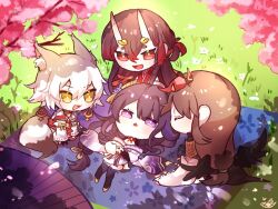  1boy 1other 3girls animal_ears bird_boy bird_wings black_hair black_wings cherry_blossoms chibi chiyo_(genshin_impact) closed_eyes commentary english_commentary feathered_wings fox_ears fox_girl from_side genshin_impact grass happy horns japanese_clothes kimono kitsune_saiguu kongbz_gimpact looking_at_another looking_down looking_up lying makoto_(genshin_impact) mask mask_on_head mole mole_under_eye multiple_girls oil-paper_umbrella on_side open_mouth outdoors purple_hair purple_kimono raiden_shogun red_eyes red_mask sasayuri_(genshin_impact) shade short_hair sitting skin-covered_horns smile tree umbrella violet_eyes white_hair wings yellow_eyes 