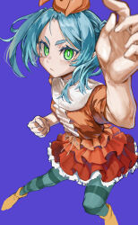  1girl absurdres ankle_boots arms_up bakemonogatari blue_background blue_hair boots breasts chan_ye2 clenched_hand commentary_request dress fighting_stance floating_hair frilled_dress frills from_above green_eyes hat highres medium_hair monogatari_(series) ononoki_yotsugi pantyhose serious simple_background small_breasts solo striped_clothes striped_pantyhose thick_eyebrows 
