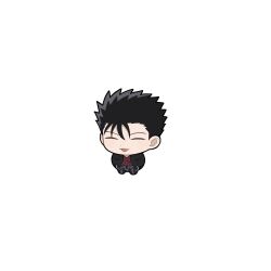  1boy :p black_hair black_jacket black_pants black_sclera black_shoes chibi chibi_only colored_sclera commentary_request domo_(domo_kizusuki) full_body hair_slicked_back hands_in_pockets highres jacket long_sleeves male_focus mob_psycho_100 pants red_eyes red_shirt shimazaki_ryo shirt shoes short_hair simple_background spiky_hair tongue tongue_out v-neck white_background 