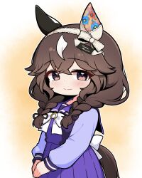  1girl absurdres animal_ears blush bow bowtie braid braided_sidelocks breasts brown_hair closed_mouth commentary_request curren_bouquetd'or_(umamusume) ear_covers grey_eyes hair_between_eyes hair_ornament hairband highres horse_ears horse_girl horse_tail jorang_(jorang08) korean_commentary long_braid long_hair looking_at_viewer low_twin_braids mismatched_ear_covers multicolored_hair pleated_skirt purple_sailor_collar purple_serafuku purple_shirt purple_skirt sailor_collar sailor_shirt school_uniform serafuku shirt simple_background skirt smile solo streaked_hair tail tracen_school_uniform twin_braids umamusume white_bow white_bowtie white_streaks 