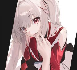 1girl braid diamond_(shape) diamond_facial_mark eyes_visible_through_hair facial_mark grey_hair hair_between_eyes hand_up heart heart_facial_mark highres honkai:_star_rail honkai_(series) leaning_forward looking_at_viewer multicolored_hair open_mouth red_eyes red_hair smile solo sparkle_(honkai:_star_rail) sparxie_(honkai:_star_rail) streaked_hair twintails white_background yohaku 