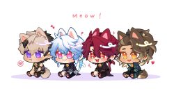  4boys :3 :t anger_vein animal_ears animal_hands armlet bell belt black_coat black_gloves black_jacket black_shirt blue_hair blush braid brown_belt brown_hair cat_boy cat_ears cat_paws cat_tail chibi chibi_only coat collar collared_jacket crimzon_ruze drooling ear_piercing earrings english_text fingerless_gloves fluffy_tail g0mmi gloves goldbullet heart highres holoarmis holostars holostars_english jacket jewelry jingle_bell jurard_t_rexford kemonomimi_mode long_hair long_sleeves male_focus mouth_drool multicolored_hair multiple_boys multiple_braids musical_note neck_bell octavio on_floor orange_eyes pawpads pencil pencil_in_hair piercing pink_eyes pointy_ears ponytail pout red_eyes red_hair sharp_teeth shirt short_hair simple_background sitting sleeveless sparkle sparkling_eyes spoken_anger_vein tail teeth tri_braids two-tone_hair upper_teeth_only violet_eyes virtual_youtuber white_background 