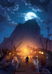  1boy blue_coat brown_hair chain clouds coat commentary dock english_commentary from_behind full_moon highres landscape lantern long_hair moon moonlight mountain night ocean original outdoors painterly sailing_ship scenery sky star_(sky) starry_sky sylvain_sarrailh treasure_chest walking water web_address wreckage 