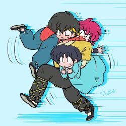  1boy 2girls black_hair blue_background blue_dress blue_pants carrying carrying_multiple_people carrying_over_shoulder carrying_person carrying_under_arm commentary_request dress drop_shadow fang fuurinkan_high_school_uniform hibiki_ryouga multiple_girls pants purple_hair ranma-chan ranma_1/2 running school_uniform short_hair tendou_akane v-shaped_eyebrows wanta_(futoshi) 