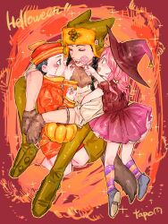 1girl 2boys aged_down animal_ears animal_hands black_hair braid brown_dress brown_hat candy child chinese_clothes closed_eyes commentary_request dixie_cup_hat dress food gloves grape_hat_ornament green_hat green_jumpsuit hair_bobbles hair_ornament halloween halloween_costume hat higashikata_josuke_(jojolion) highres hirose_yasuho jojo_2waka jojo_no_kimyou_na_bouken jojolion jumpsuit lollipop long_sleeves mamezuku_rai military_hat multiple_boys orange_hat orange_shirt paw_gloves pink_hair pumpkin sailor_hat scar scar_across_eye scar_on_face shirt socks star_(symbol) tail twin_braids ushanka witch_hat wolf_ears wolf_tail 