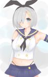  1girl bare_shoulders black_panties blue_eyes breasts cosplay crop_top elbow_gloves eyebrows eyebrows_visible_through_hair gloves hair_ornament hair_over_one_eye hairband hairclip hamakaze_(kantai_collection) highres kantai_collection kiririn_(ankade) large_breasts looking_at_viewer navel panties shimakaze_(kantai_collection) shimakaze_(kantai_collection)_(cosplay) short_hair silver_hair simple_background solo underwear white_gloves 