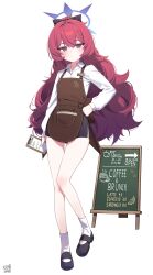  1girl absurdres apron ass_visible_through_thighs black_shoes blue_archive blue_halo bow brown_apron character_name collared_shirt fluffy full_body grey_eyes hair_bow halo hand_on_own_hip highres holding iroha_(blue_archive) long_hair long_sleeves menu_board myeolchi pen pencil_skirt shirt shoes simple_background skirt socks thighs 