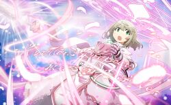  1girl armor artist_request asymmetrical_gloves banner blonde_hair blue_sky braid breastplate cowboy_shot day determined dot_nose dress faulds feathers fingerless_gloves floating_hair french_text frilled_dress frills game_cg gauntlets gloves green_eyes hair_between_eyes highres holding holding_polearm holding_weapon jeanne_d'arc_(madoka_magica) juliet_sleeves lance light_particles light_rays long_dress long_sleeves looking_at_viewer loose_hair_strand magic_circle mahou_shoujo_madoka_magica mahou_shoujo_madoka_magica_magia_exedra mahou_shoujo_tart_magica mismatched_gloves official_art open_mouth outdoors pink_dress polearm puffy_sleeves short_hair single_braid single_fingerless_glove single_gauntlet sky solo standing tabard tareme third-party_source turtleneck turtleneck_dress v-shaped_eyebrows weapon white_gloves white_tabard 