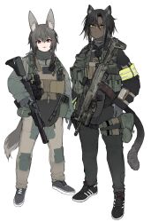  2girls adidas ak-12 alma01 animal_ear_fluff animal_ears armband as_val assault_rifle black_hair black_pants black_shoes brown_eyes brown_pants bulletproof_vest closed_mouth dark-skinned_female dark_skin gp-25 green_armband grenade_launcher grey_background gun highres holding holding_gun holding_weapon kalashnikov_rifle looking_at_viewer multiple_girls open_mouth original pants red_eyes rifle shoes simple_background smile sneakers standing tail underbarrel_grenade_launcher weapon 