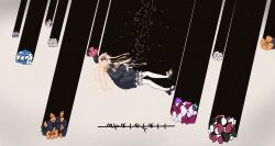  1girl abigail_williams_(fate) ameamaikafe black_bow black_dress black_hat blonde_hair blue_eyes bow breasts dress falling fate/grand_order fate_(series) from_side hair_bow hat highres long_hair long_sleeves multiple_hair_bows orange_bow parted_bangs sleeves_past_wrists solo very_long_hair 